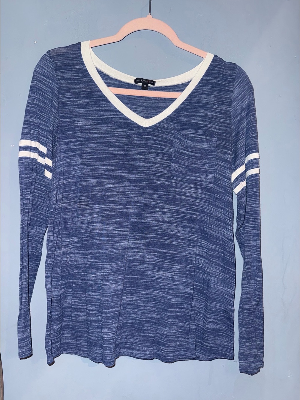 Mm mm mm Blue Varsity Stripe V Neck Long Sleeve Top Medium
